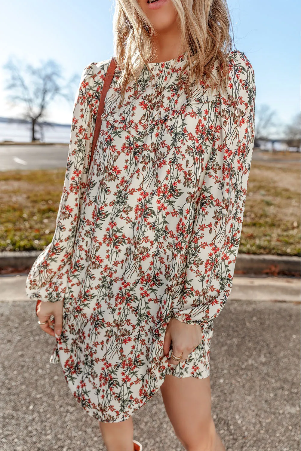 White Floral Printed Long Sleeve Mini Dress sold by Beagle Boutique