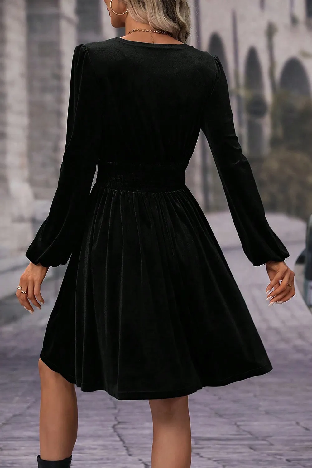 Black Velvet Long Sleeve Surplice High Waist Mini Dress sold by Beagle Boutique product image thumbnail 2