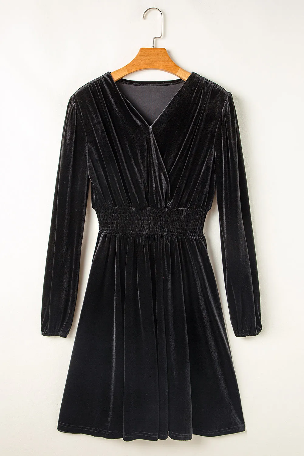 Black Velvet Long Sleeve Surplice High Waist Mini Dress sold by Beagle Boutique product image thumbnail 5