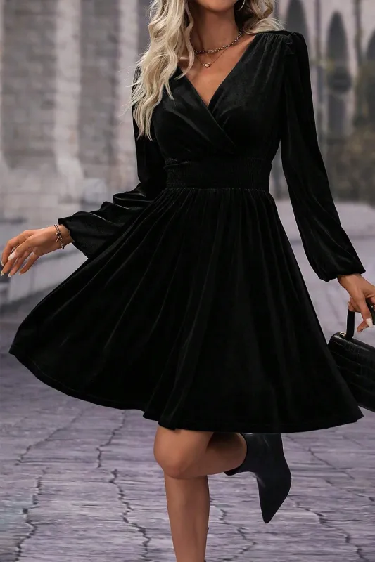 Black Velvet Long Sleeve Surplice High Waist Mini Dress sold by Beagle Boutique