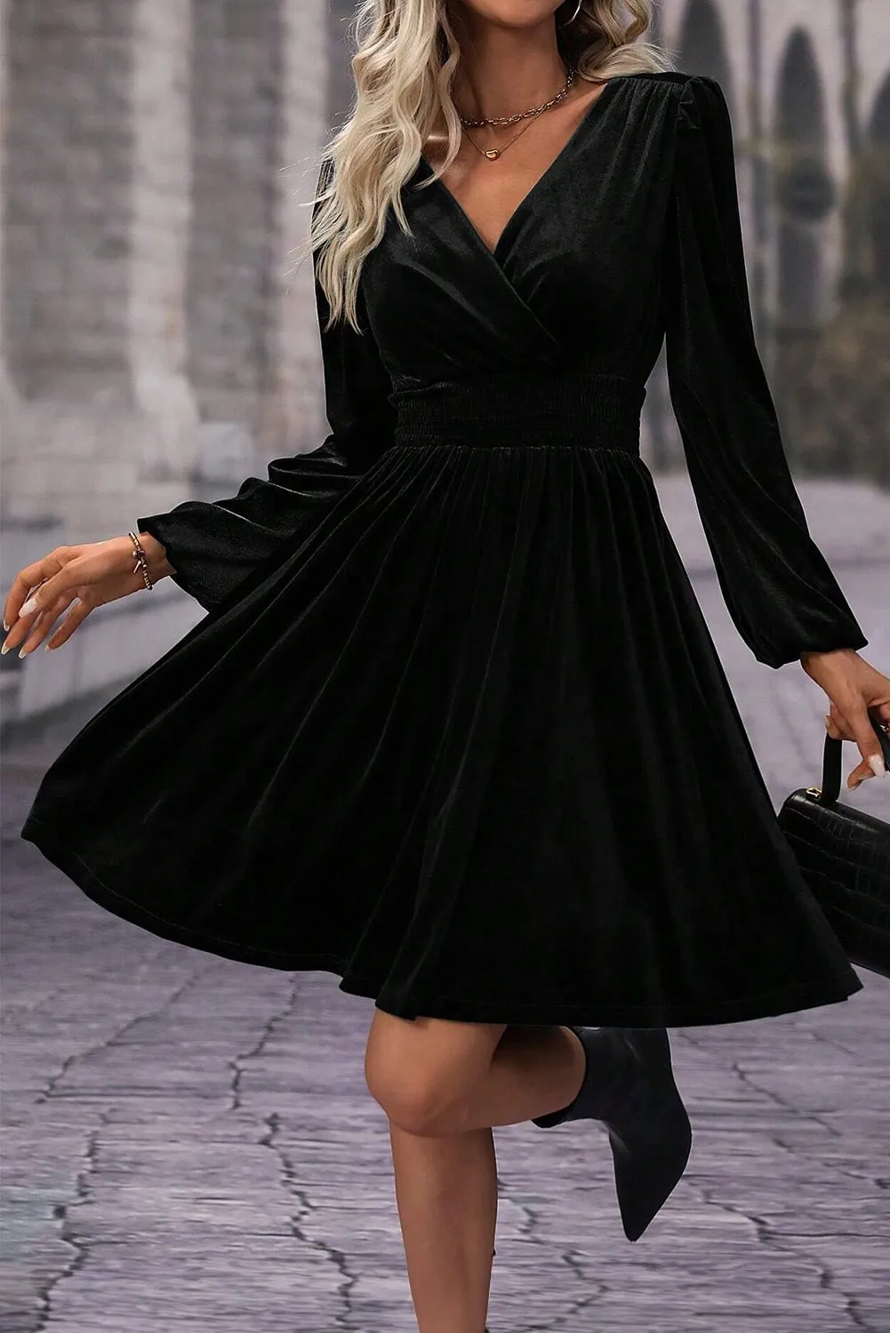 Black Velvet Long Sleeve Surplice High Waist Mini Dress sold by Beagle Boutique