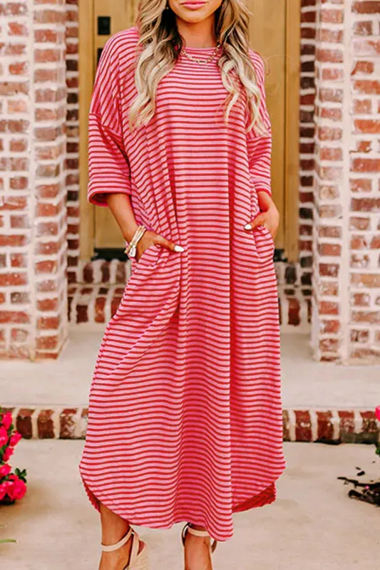 Strawberry Pink Striped 3/4 Sleeve Round Hem Shift T Shirt Dress sold by Beagle Boutique