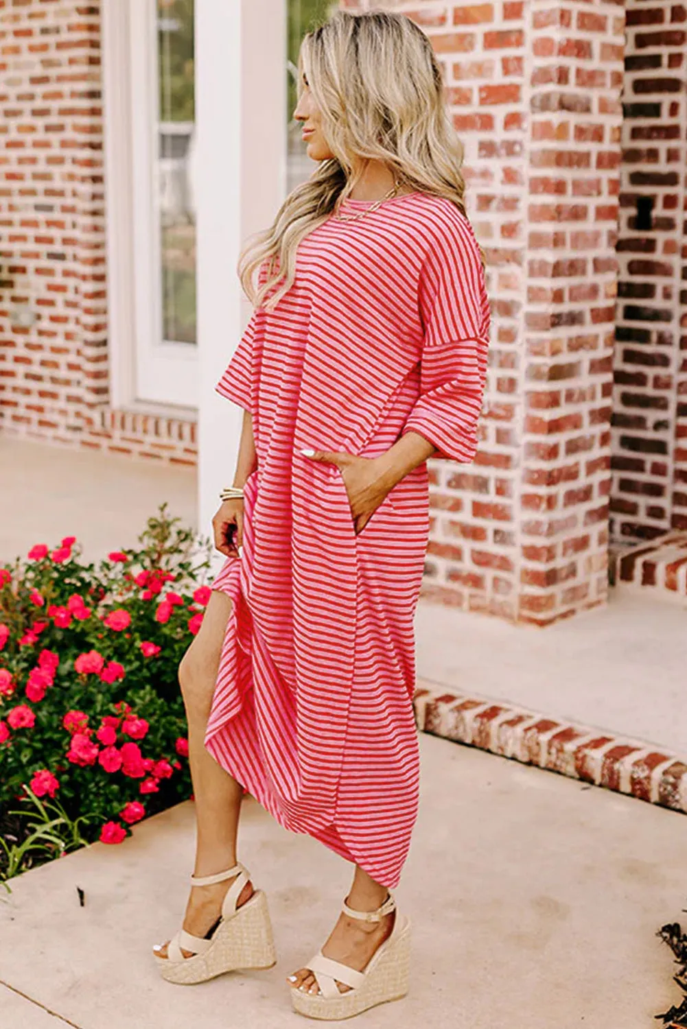 Strawberry Pink Striped 3/4 Sleeve Round Hem Shift T Shirt Dress sold by Beagle Boutique product image thumbnail 2