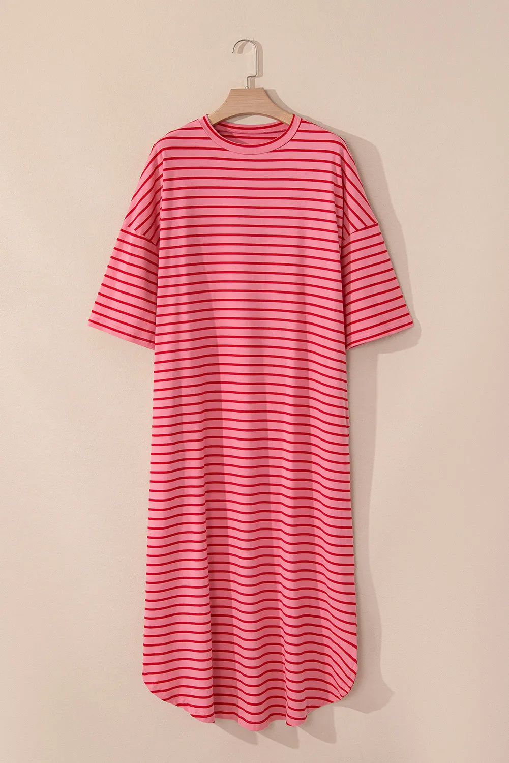 Strawberry Pink Striped 3/4 Sleeve Round Hem Shift T Shirt Dress sold by Beagle Boutique product image thumbnail 4