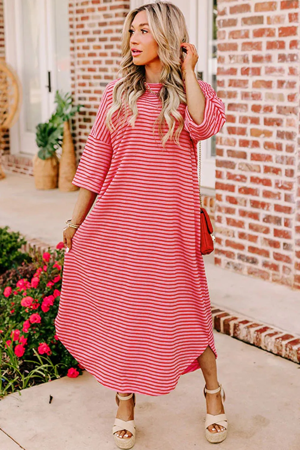 Strawberry Pink Striped 3/4 Sleeve Round Hem Shift T Shirt Dress sold by Beagle Boutique product image thumbnail 3
