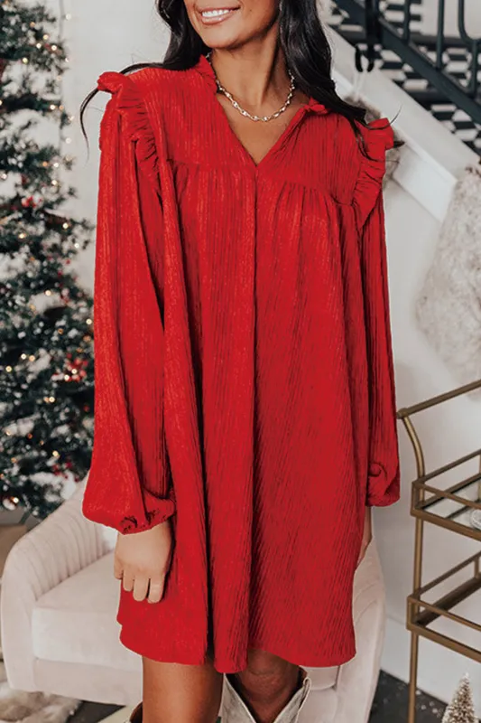 Fiery Red Textured Ruffled Trim V Neck Loose Fit Mini Dress sold by Beagle Boutique
