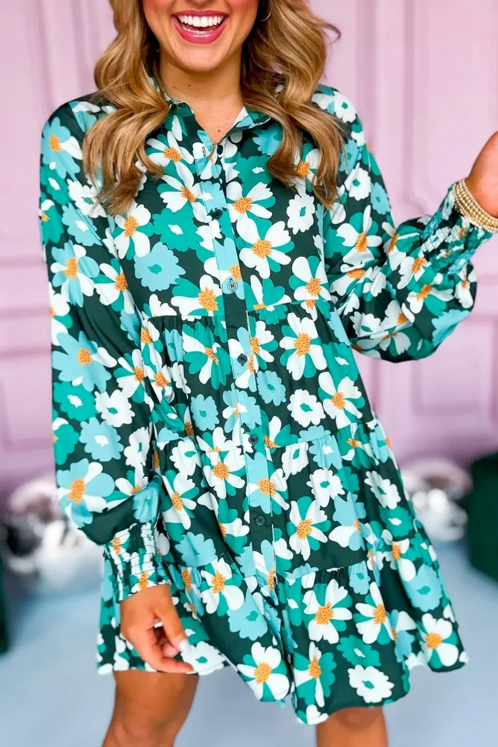 Green Floral Tiered Long Puff Sleeve Shirt Dress sold by Beagle Boutique product image thumbnail 2