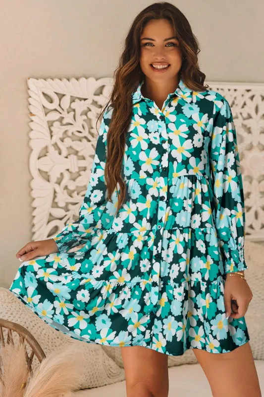 Green Floral Tiered Long Puff Sleeve Shirt Dress sold by Beagle Boutique