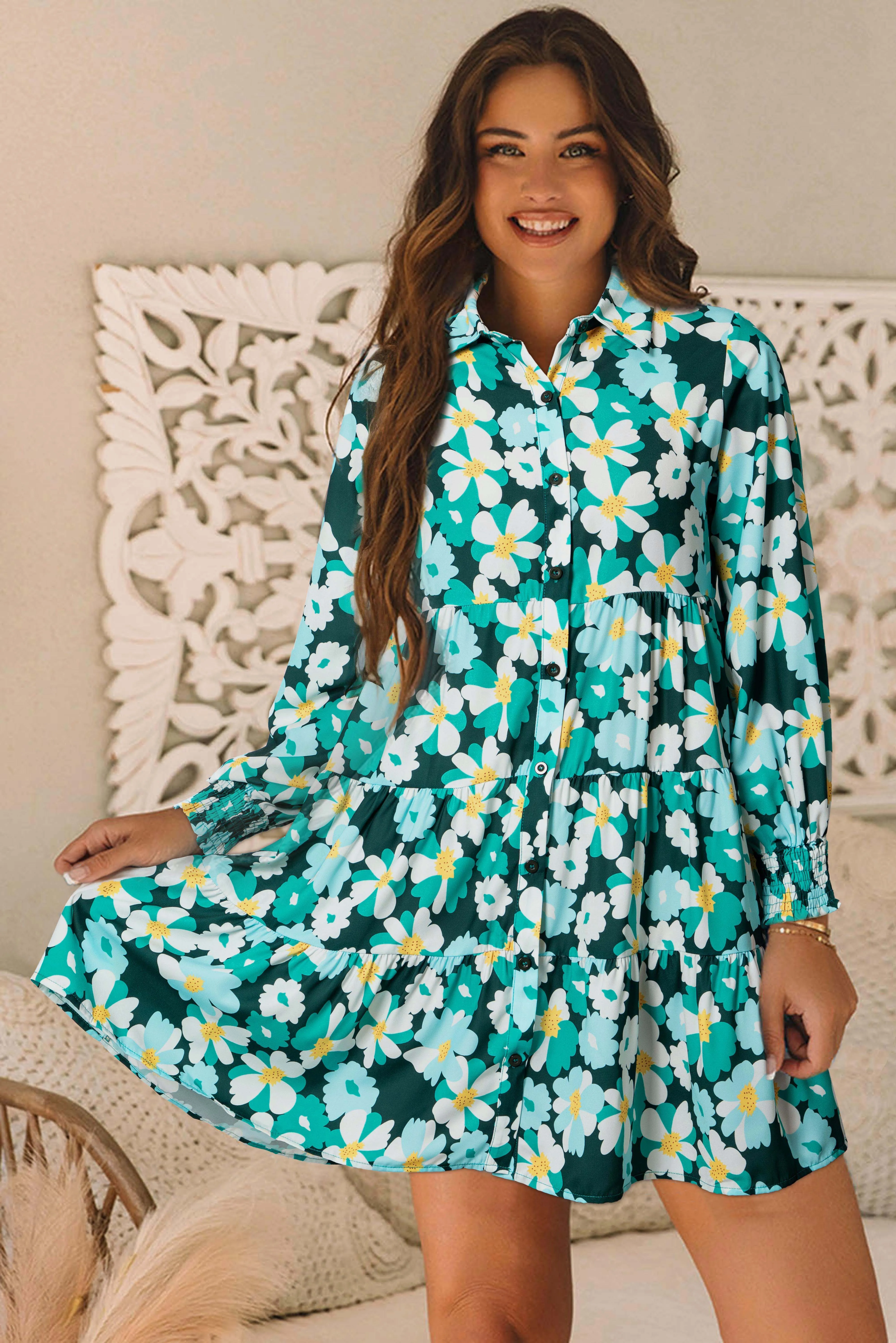 Green Floral Tiered Long Puff Sleeve Shirt Dress sold by Beagle Boutique