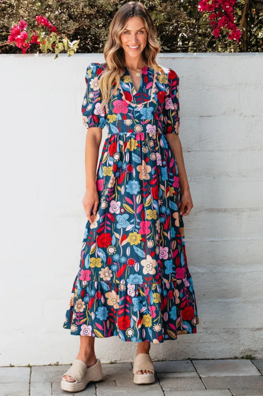 Green Retro Floral Printed Split Neck Maxi Dress sold by Beagle Boutique