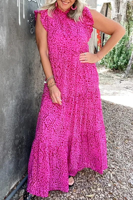 Rose Red Leopard Print Ruffled Trim Tiered Maxi Dress sold by Beagle Boutique