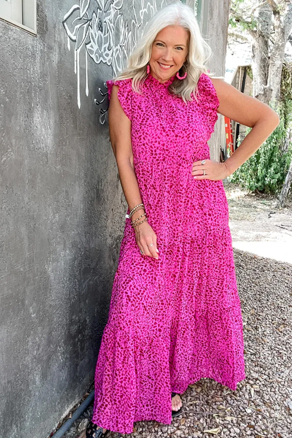 Rose Red Leopard Print Ruffled Trim Tiered Maxi Dress sold by Beagle Boutique product image thumbnail 2