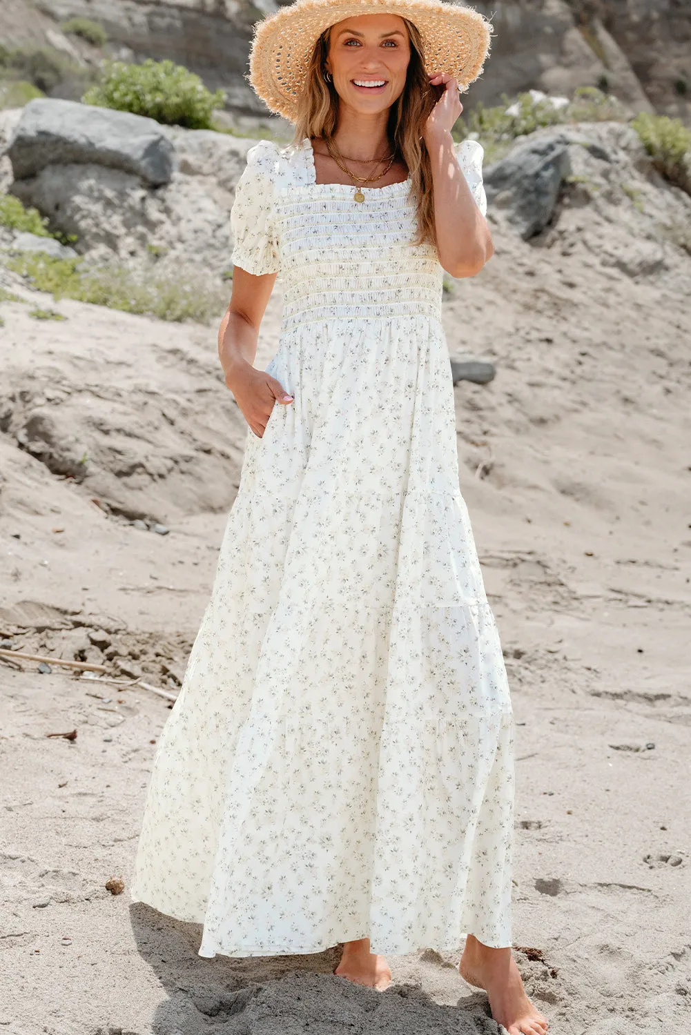White Frilly Shirred Bodice Tiered Floral Maxi Dress sold by Beagle Boutique