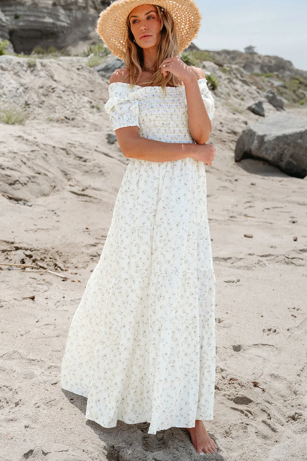 White Frilly Shirred Bodice Tiered Floral Maxi Dress sold by Beagle Boutique product image thumbnail 3