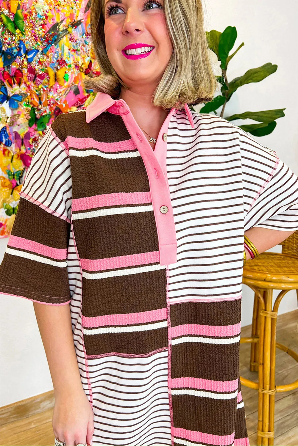Brown Stripe Striped Textured Patchwork Buttoned T Shirt Dress sold by Beagle Boutique product image thumbnail 4