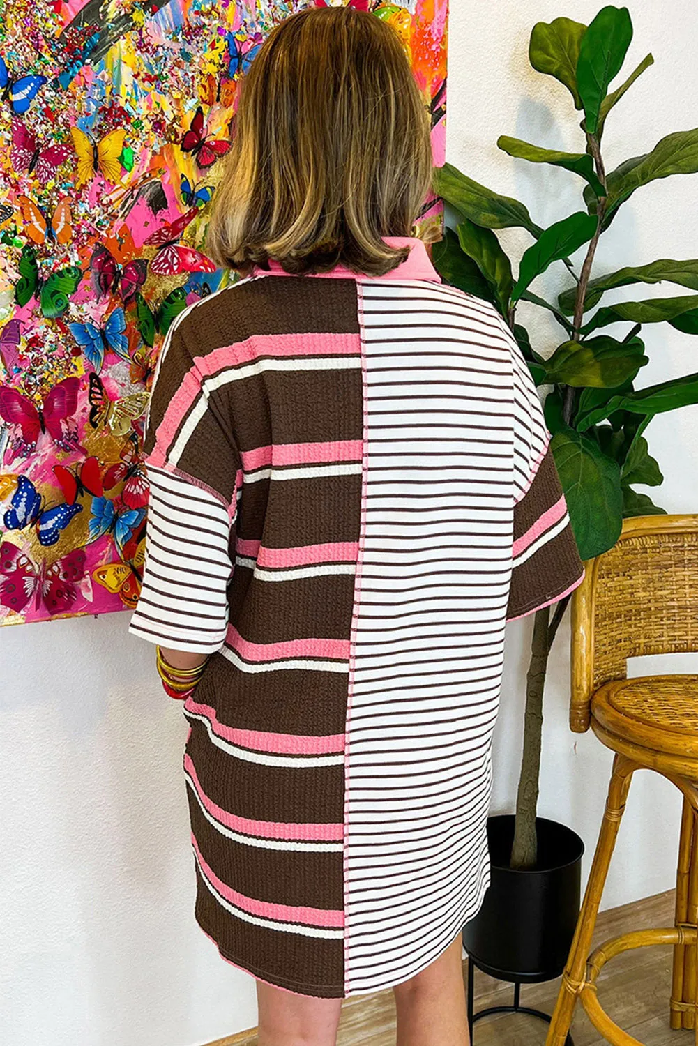 Brown Stripe Striped Textured Patchwork Buttoned T Shirt Dress sold by Beagle Boutique product image thumbnail 2