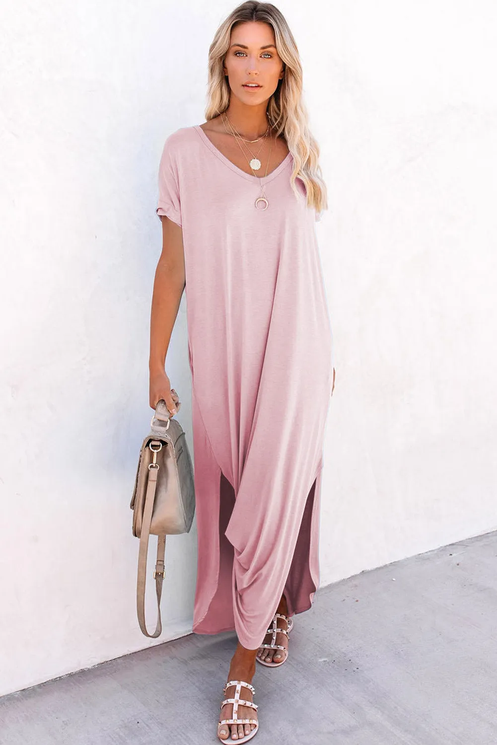 Pink V Neck Hidden Pocket Splits Maxi T-shirt Dress sold by Beagle Boutique product image thumbnail 3