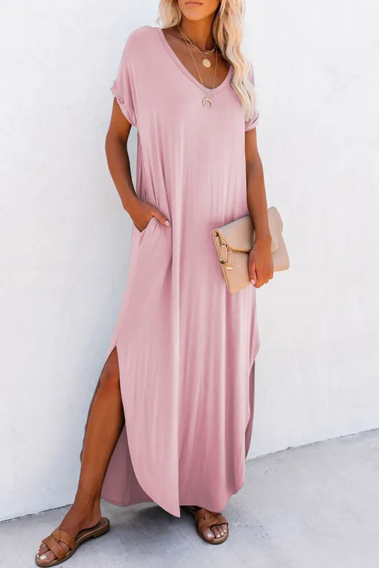 Pink V Neck Hidden Pocket Splits Maxi T-shirt Dress sold by Beagle Boutique