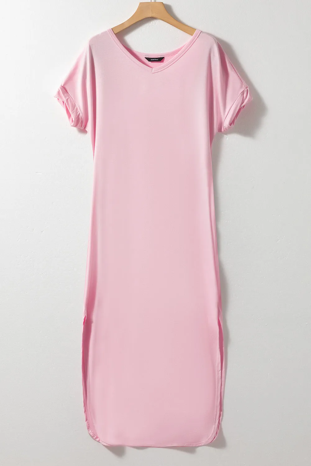 Pink V Neck Hidden Pocket Splits Maxi T-shirt Dress sold by Beagle Boutique product image thumbnail 4