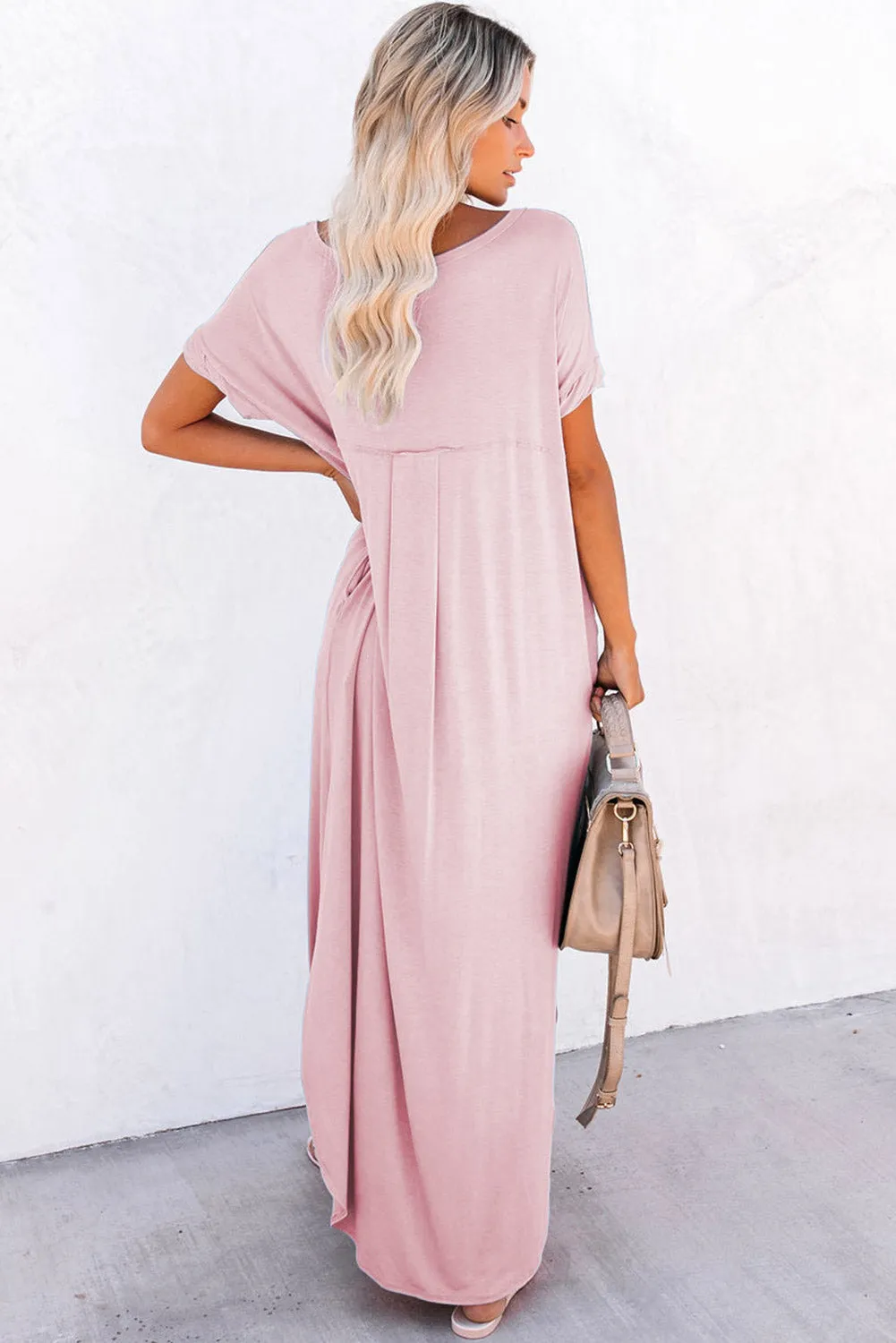 Pink V Neck Hidden Pocket Splits Maxi T-shirt Dress sold by Beagle Boutique product image thumbnail 2