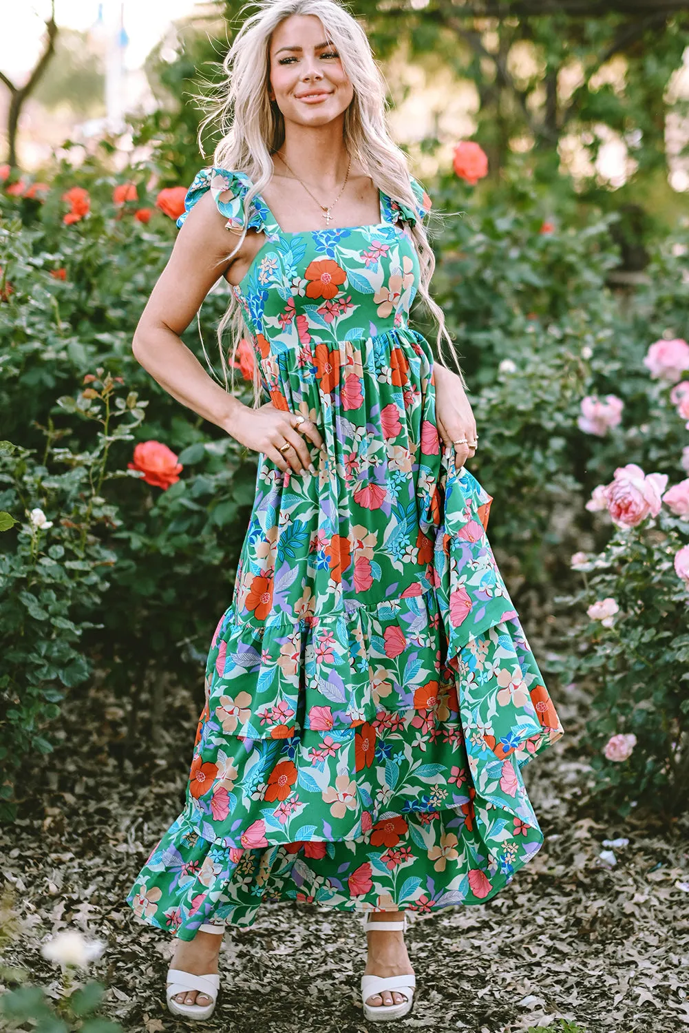Green Floral Print Sleeveless Ruffle Tiered Maxi Dress sold by Beagle Boutique product image thumbnail 5