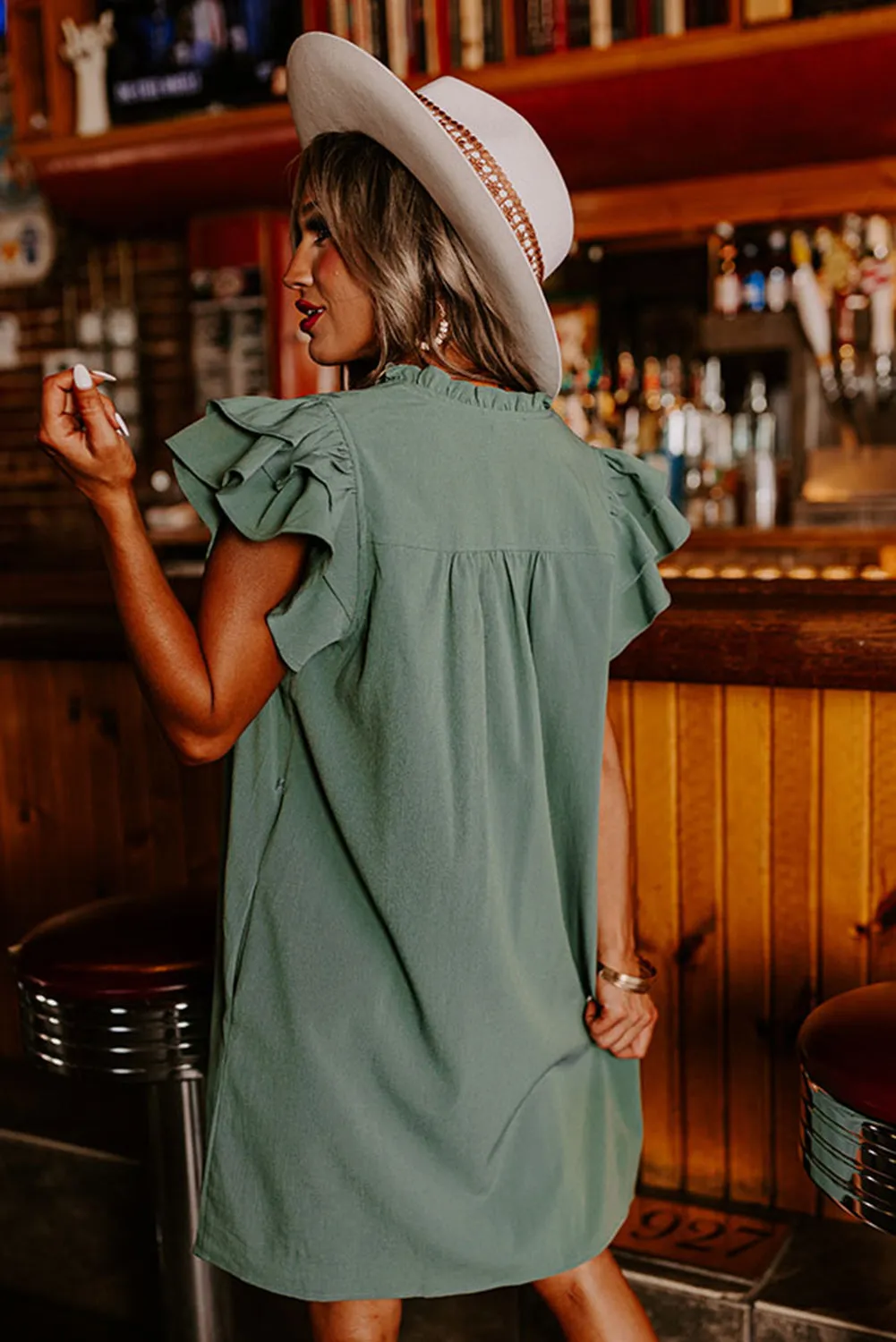 Mist Green Ruffle Sleeve V Neck Frilled Shift Dress sold by Beagle Boutique product image thumbnail 2