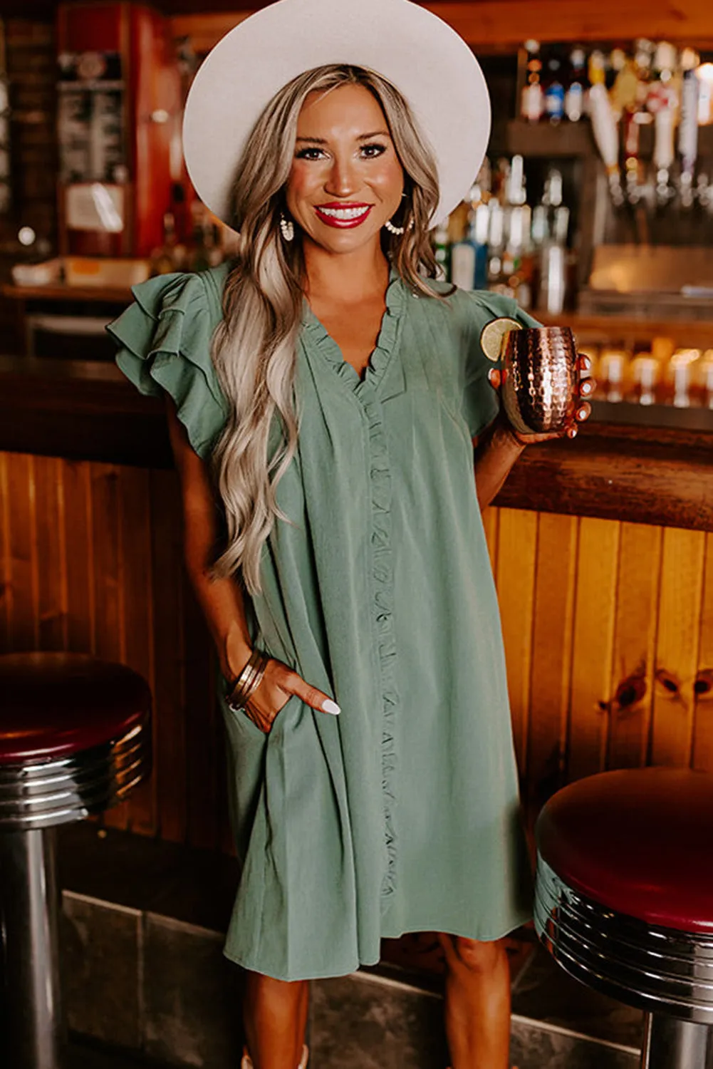Mist Green Ruffle Sleeve V Neck Frilled Shift Dress sold by Beagle Boutique product image thumbnail 4