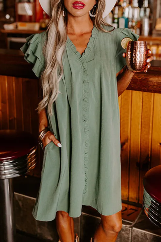 Mist Green Ruffle Sleeve V Neck Frilled Shift Dress sold by Beagle Boutique
