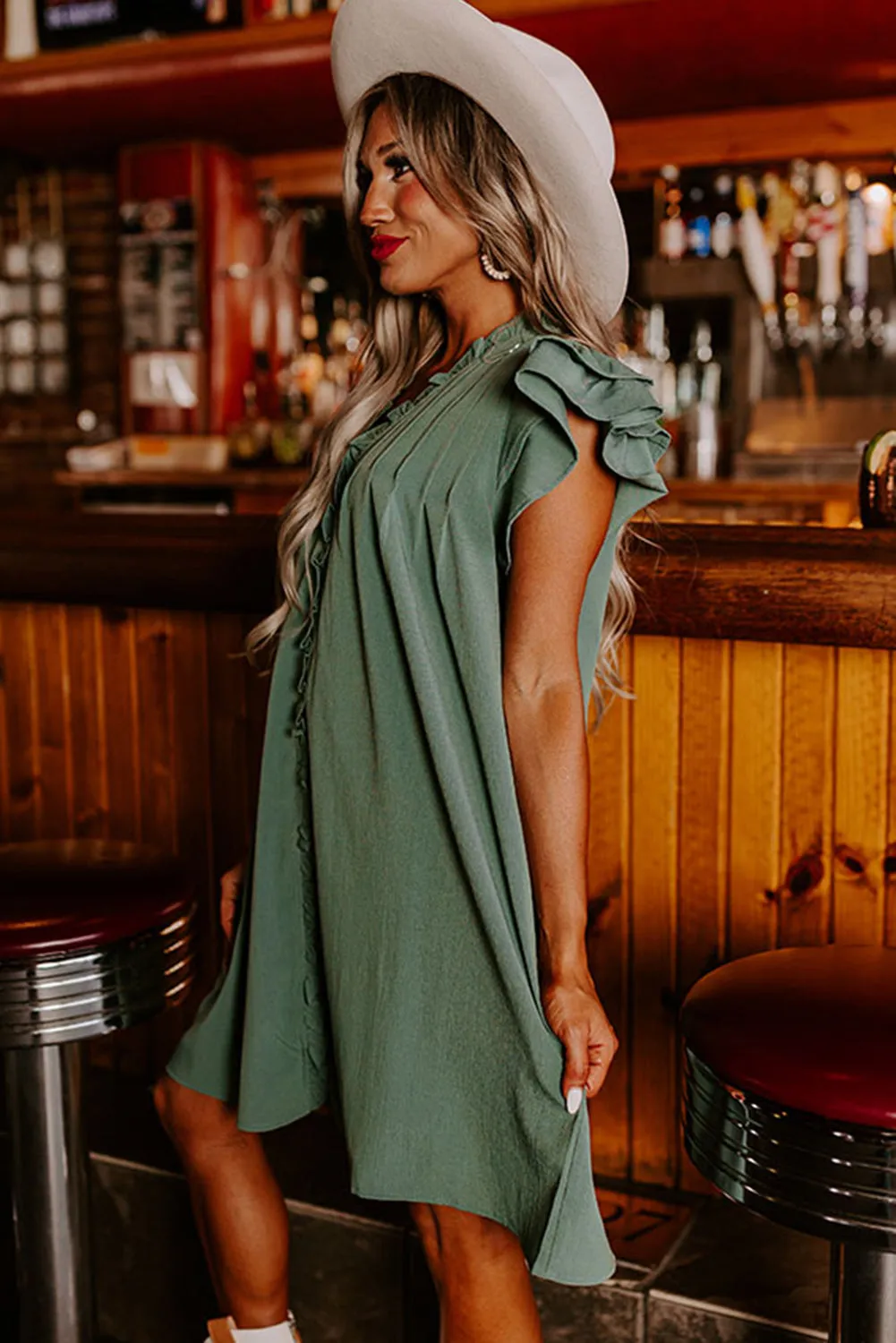 Mist Green Ruffle Sleeve V Neck Frilled Shift Dress sold by Beagle Boutique product image thumbnail 3