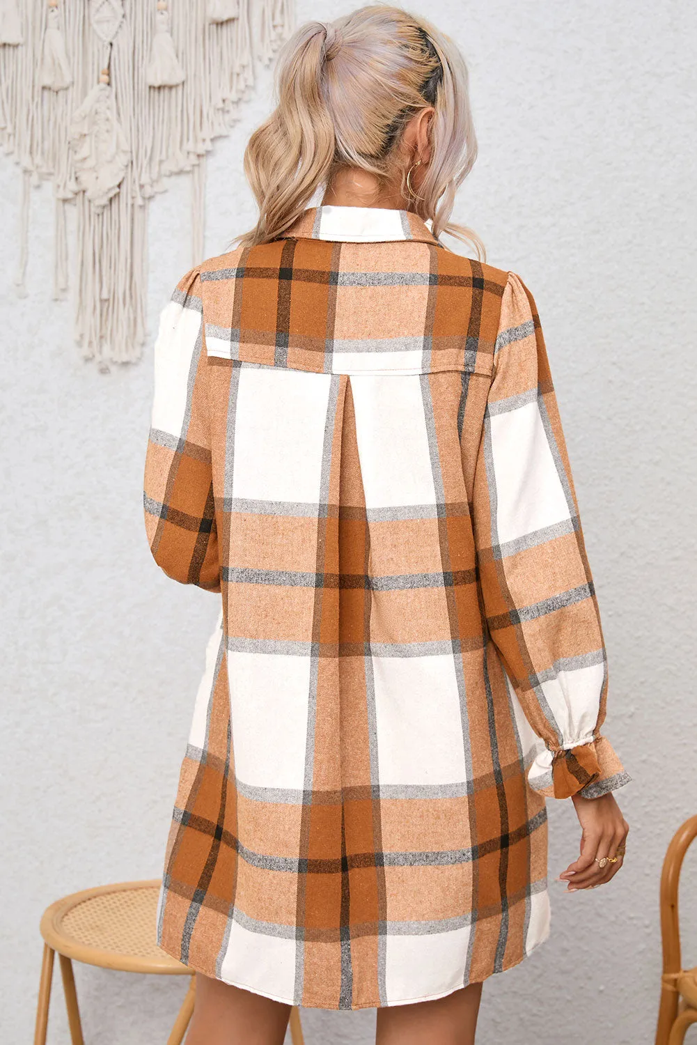 Khaki Plaid Pattern Collared Neck Ruffled Sleeve Shirt Dress sold by Beagle Boutique product image thumbnail 2