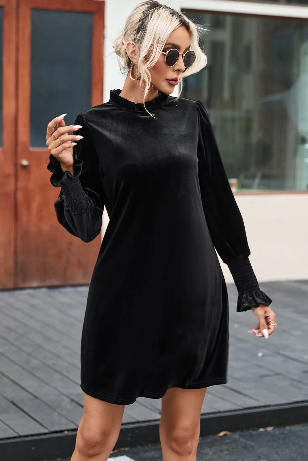Black Velvet Frill Neck Long Sleeve Shift Dress sold by Beagle Boutique product image thumbnail 4