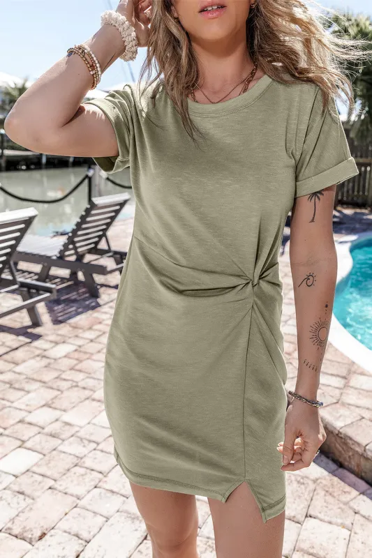 Laurel Green Folded Sleeve Twisted Mini T-Shirt Dress sold by Beagle Boutique