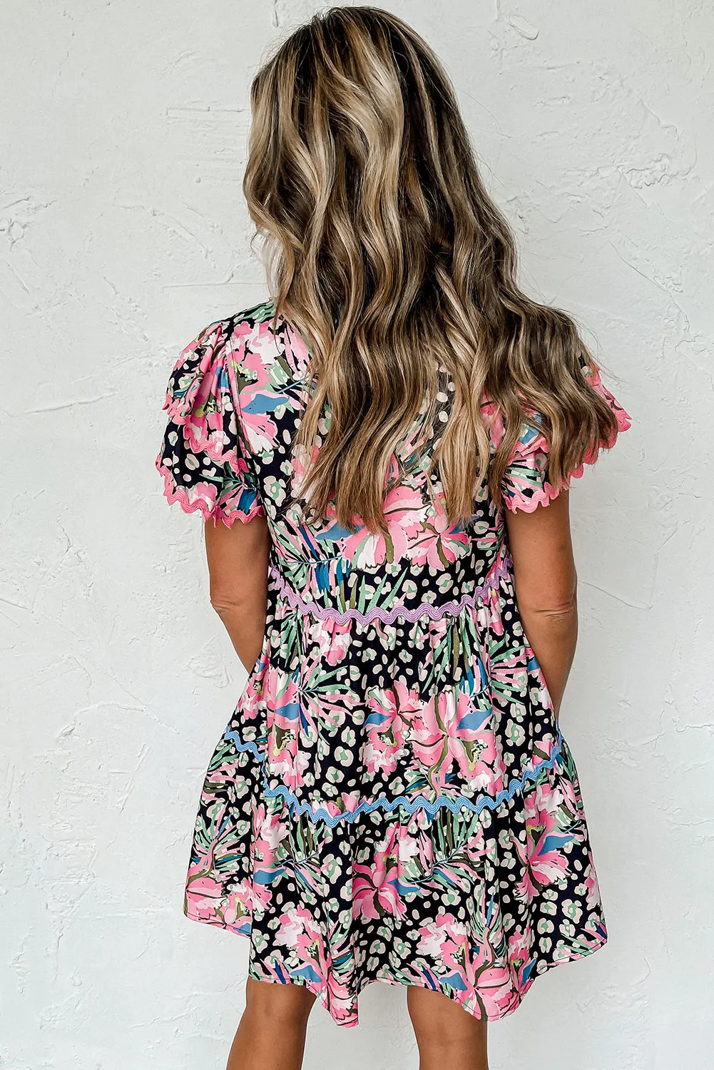 Pink Floral Ricrac Embellished Tiered Mini Dress sold by Beagle Boutique product image thumbnail 2