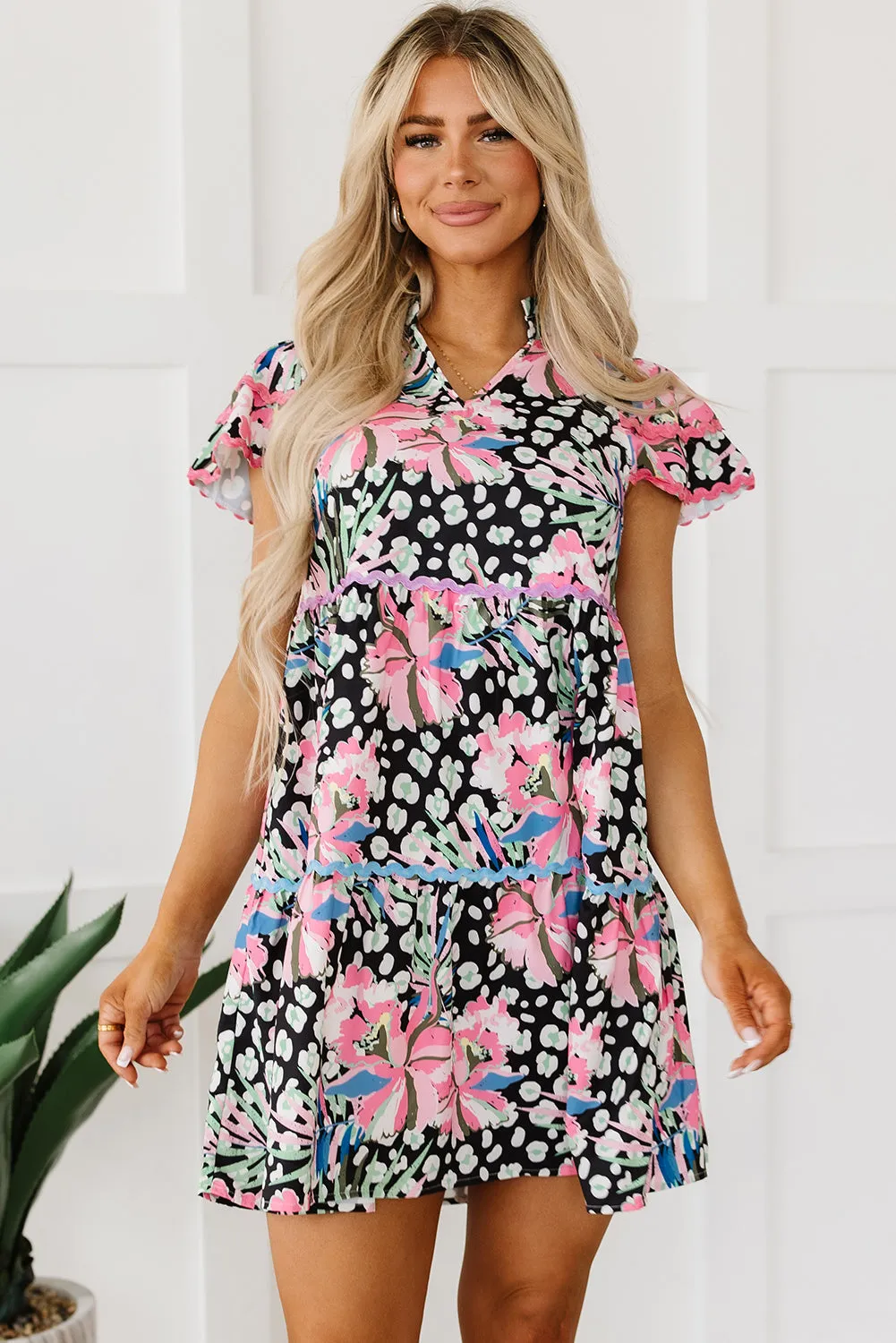 Pink Floral Ricrac Embellished Tiered Mini Dress sold by Beagle Boutique product image thumbnail 5