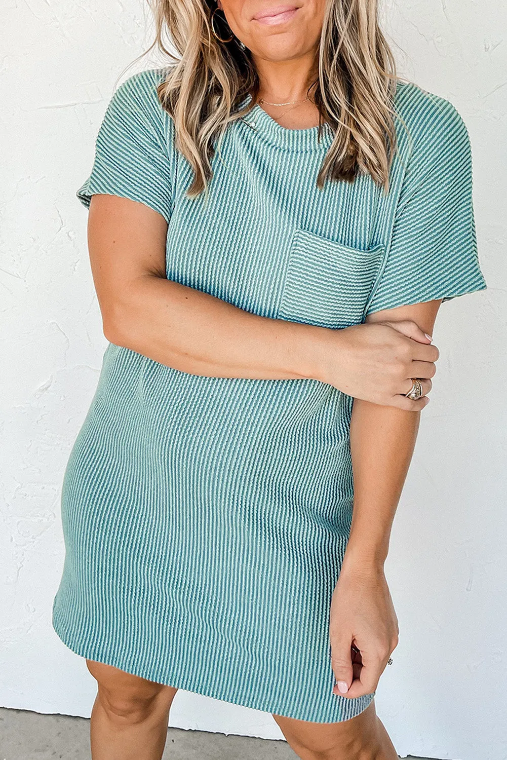 Blue Striped Ribbed Knit T-shirt Shift Dress sold by Beagle Boutique product image thumbnail 4