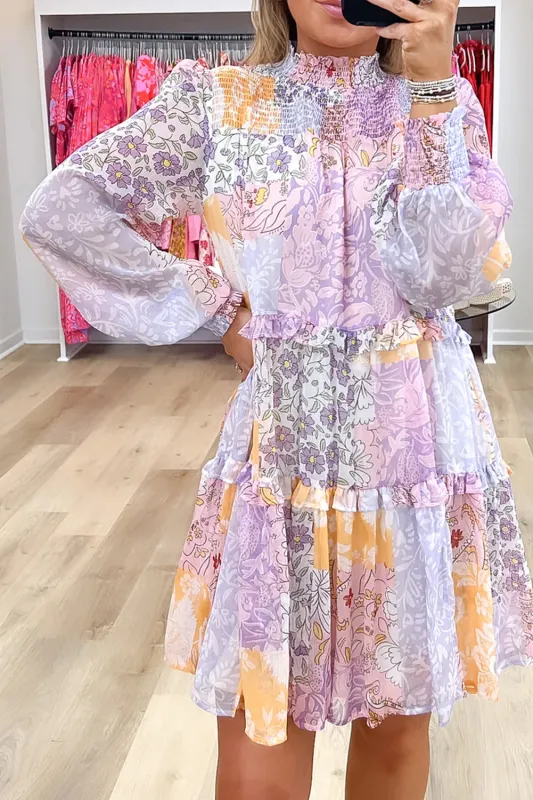 Multicolour Floral Smocked Mock Neck Ruffled Tiered Bubble Sleeve Dress sold by Beagle Boutique