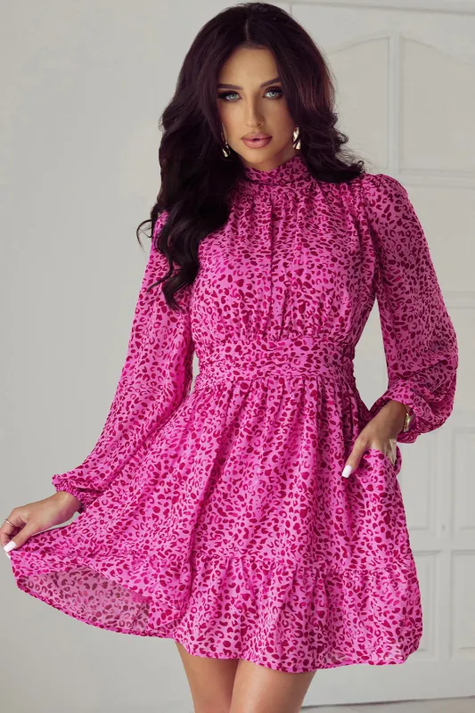 Rose Leopard Puff Sleeve Knotted High Neck Ruffle Dress sold by Beagle Boutique