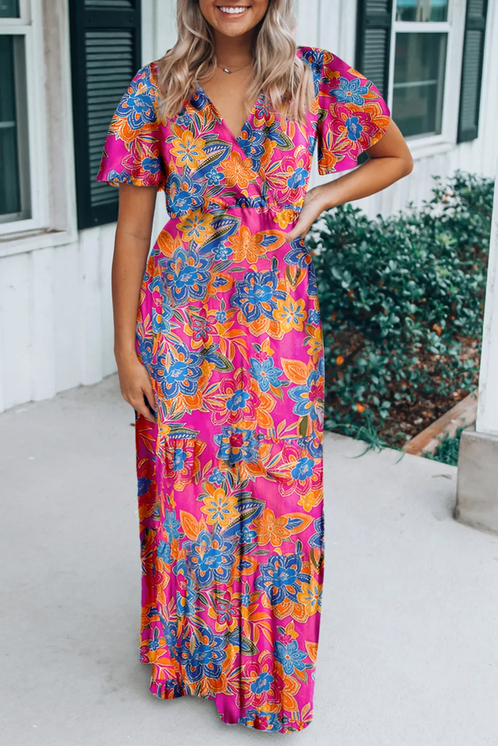 Rose Wrap V Neck Floral Maxi Dress sold by Beagle Boutique