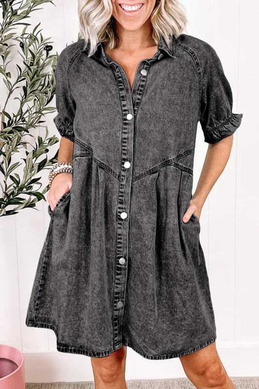 Medium Grey Mineral Wash Ruffled Short Sleeve Buttoned Denim Dress sold by Beagle Boutique