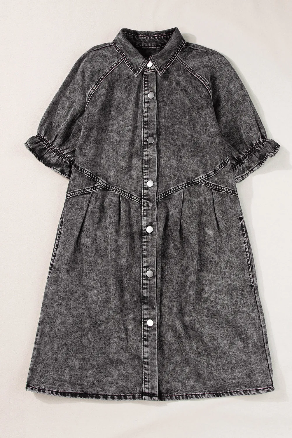Medium Grey Mineral Wash Ruffled Short Sleeve Buttoned Denim Dress sold by Beagle Boutique product image thumbnail 5