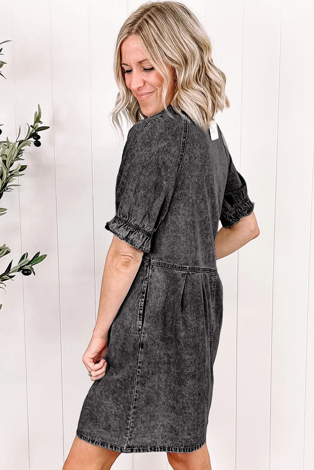 Medium Grey Mineral Wash Ruffled Short Sleeve Buttoned Denim Dress sold by Beagle Boutique product image thumbnail 2
