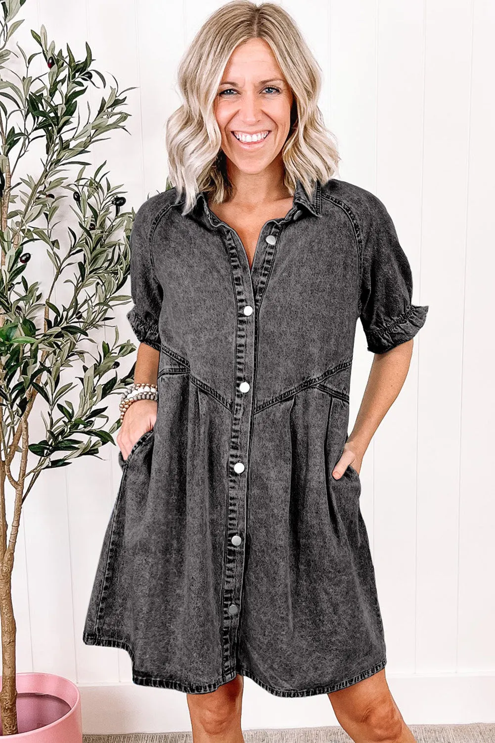 Medium Grey Mineral Wash Ruffled Short Sleeve Buttoned Denim Dress sold by Beagle Boutique product image thumbnail 4