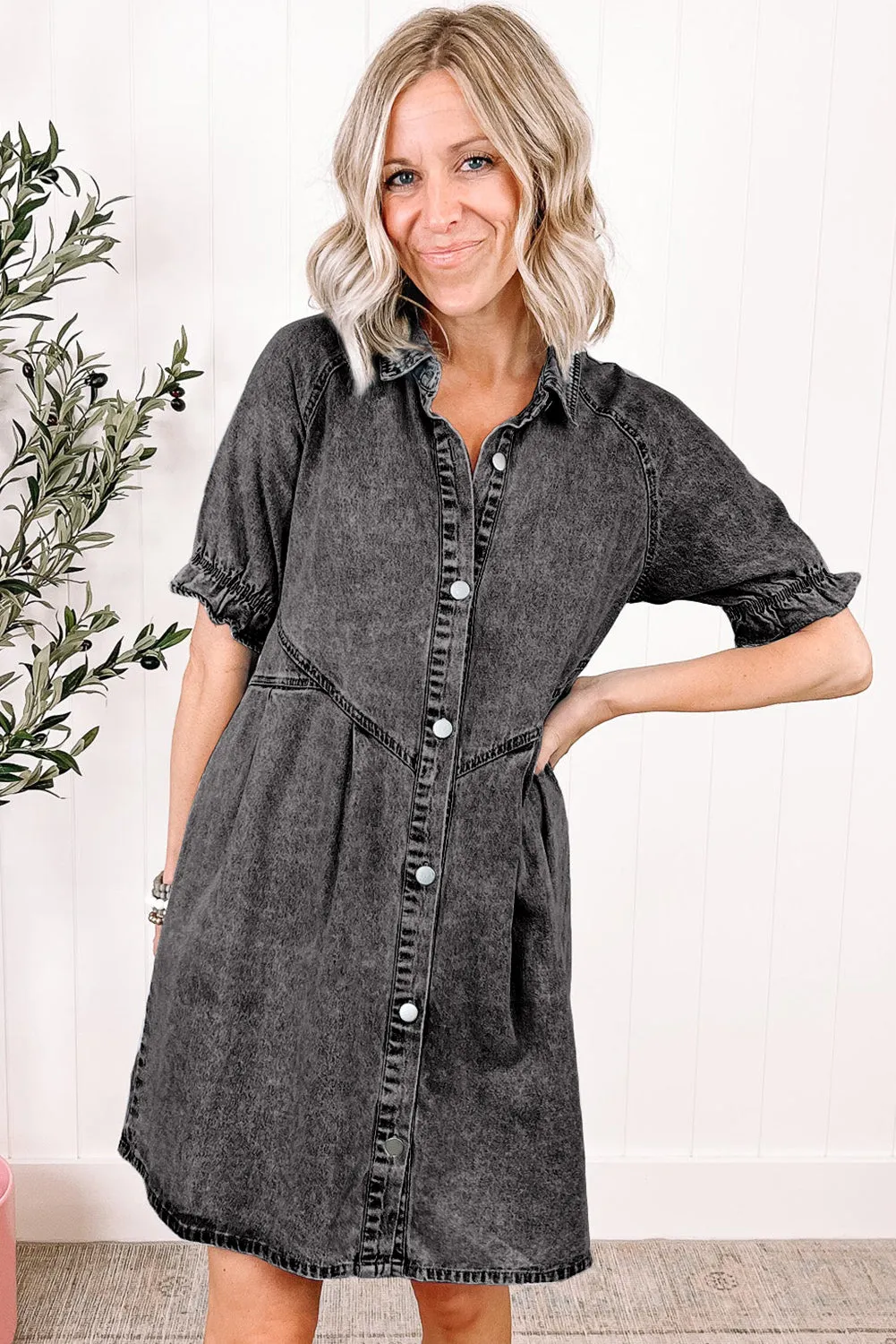 Medium Grey Mineral Wash Ruffled Short Sleeve Buttoned Denim Dress sold by Beagle Boutique product image thumbnail 3