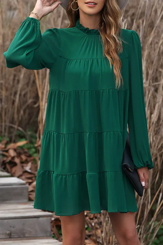 Green Puff Sleeve Mock Neck Back Knot Tiered Dress sold by Beagle Boutique