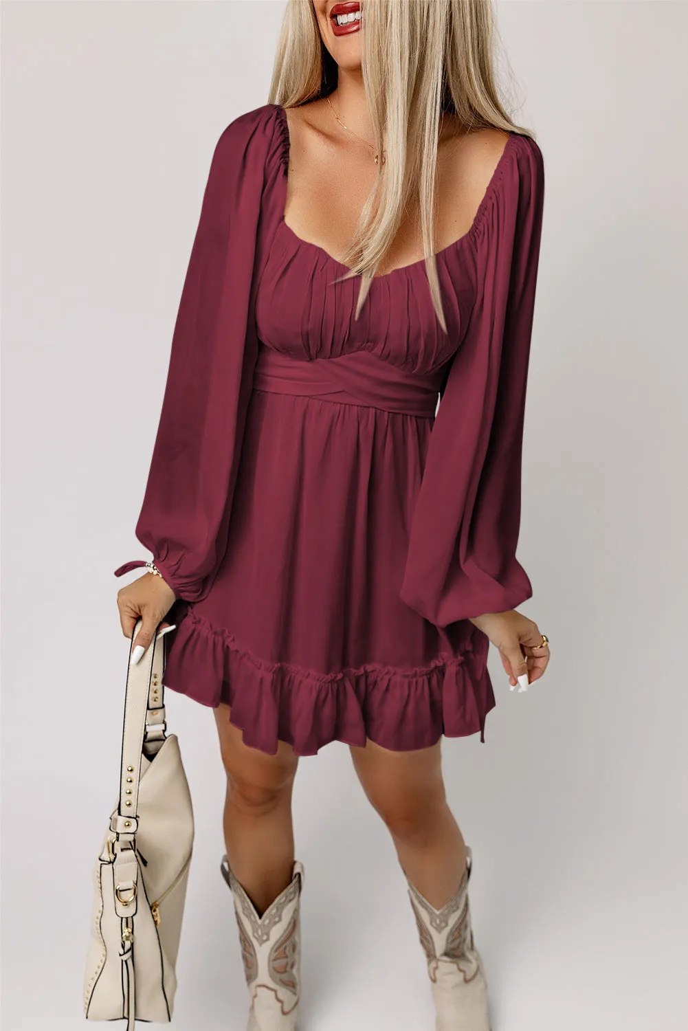 Fiery Red Plain Ruffled High Waist Square Neck Mini Dress sold by Beagle Boutique product image thumbnail 3