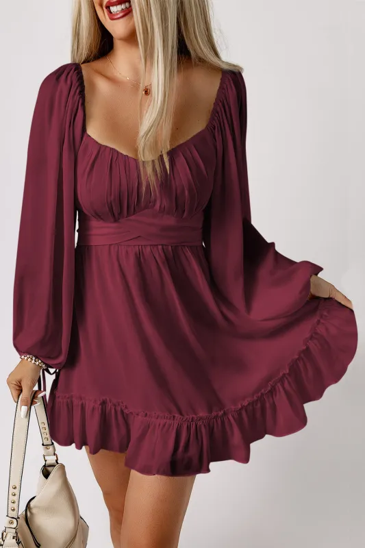 Fiery Red Plain Ruffled High Waist Square Neck Mini Dress sold by Beagle Boutique