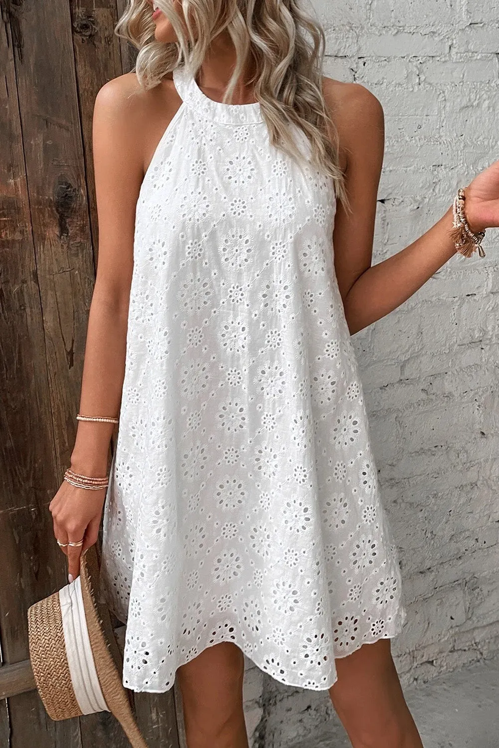 White Boho Eyelet Pattern Halter Neck Sleeveless Dress sold by Beagle Boutique product image thumbnail 3