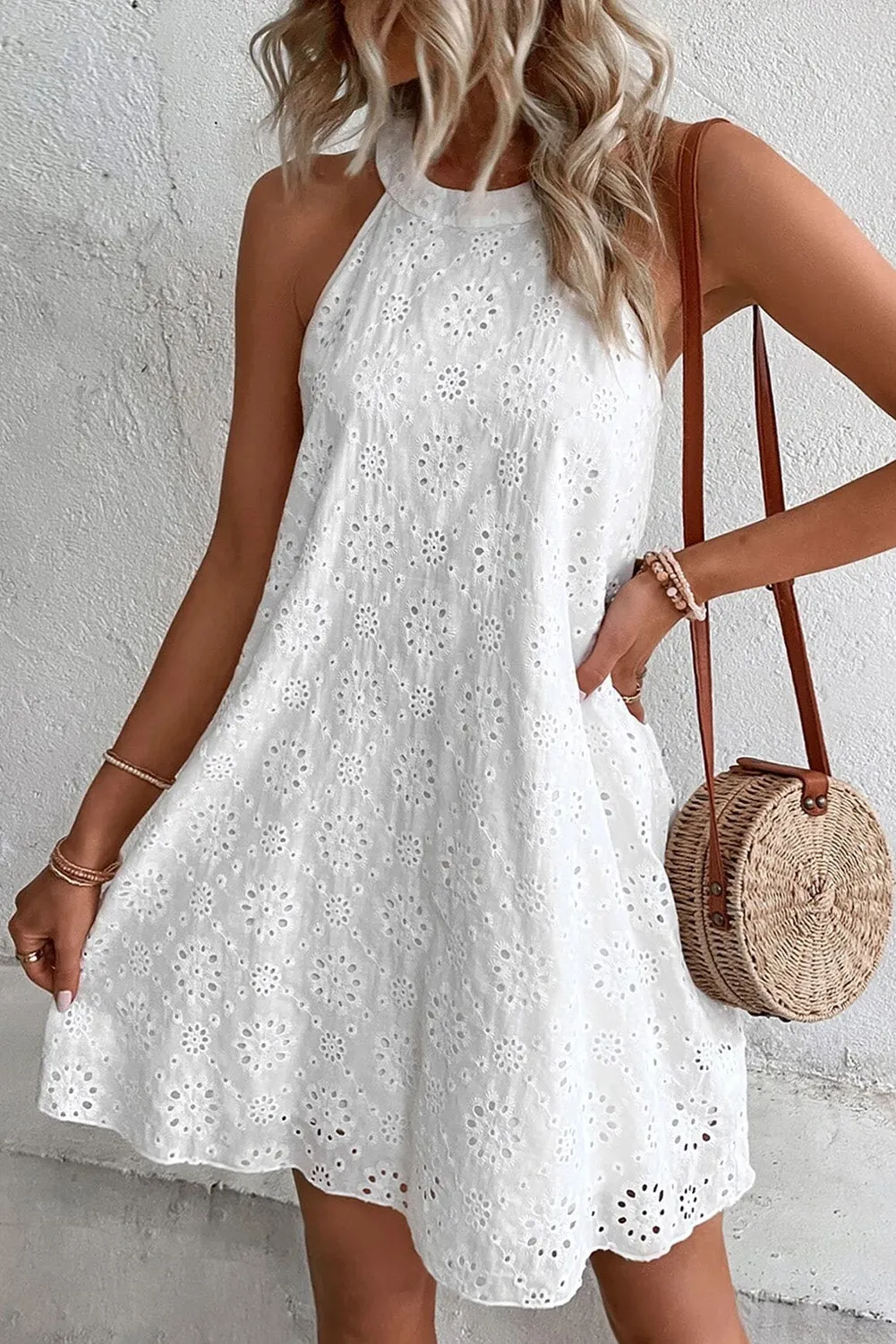 White Boho Eyelet Pattern Halter Neck Sleeveless Dress sold by Beagle Boutique product image thumbnail 4