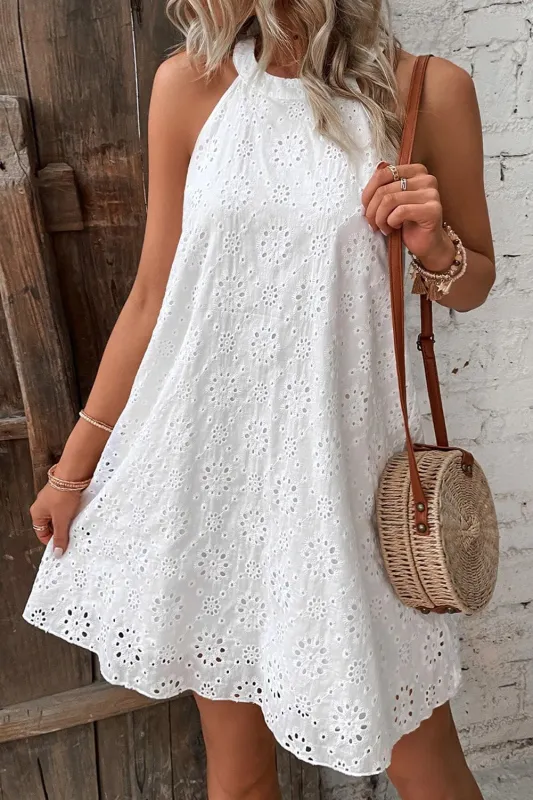White Boho Eyelet Pattern Halter Neck Sleeveless Dress sold by Beagle Boutique