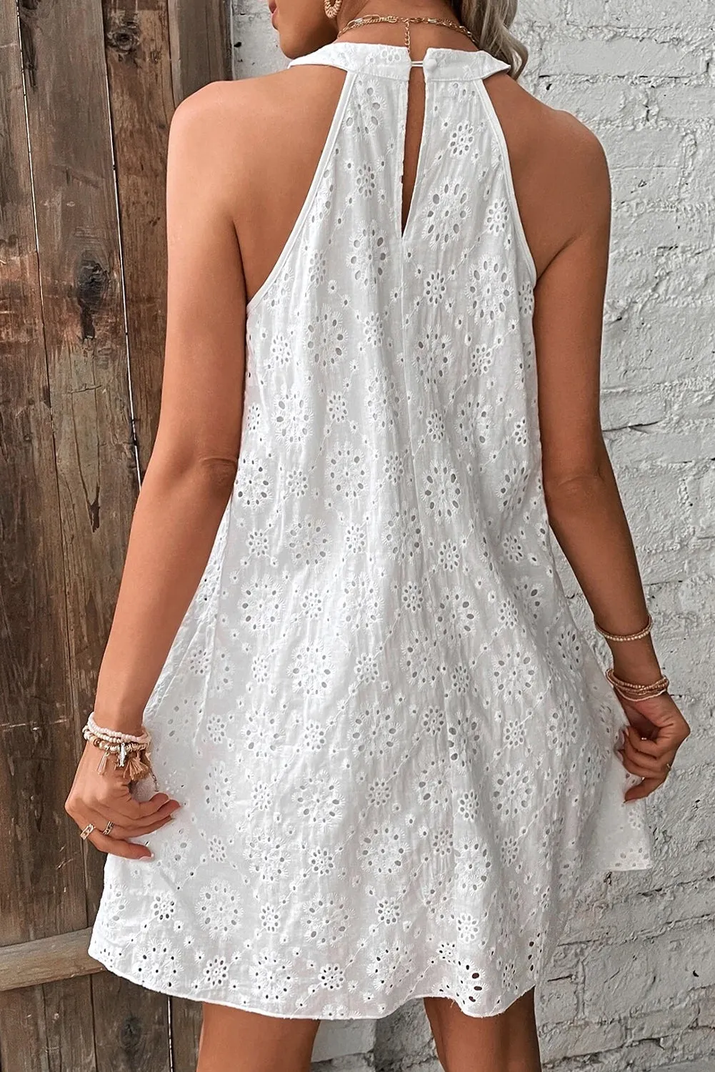 White Boho Eyelet Pattern Halter Neck Sleeveless Dress sold by Beagle Boutique product image thumbnail 2